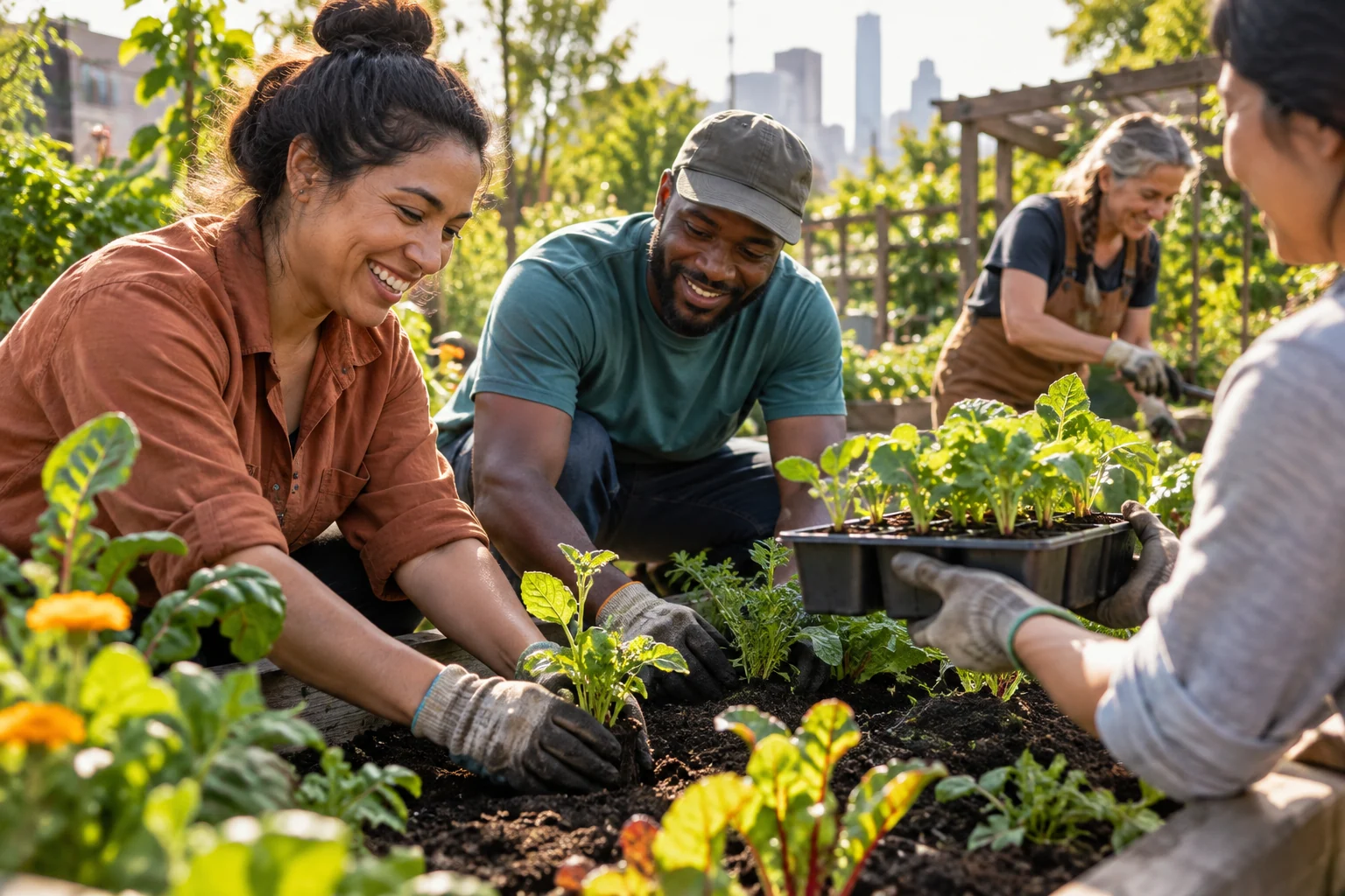 Volunteers work together in a community garden